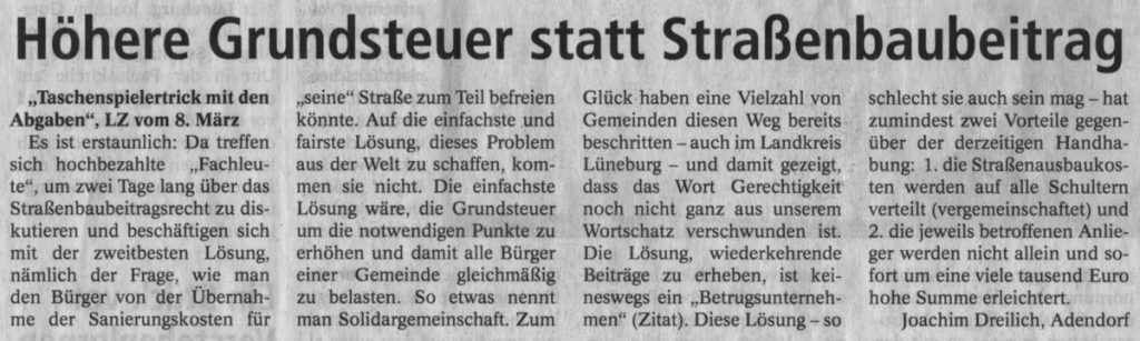 Höhere Grundsteuer statt Straßenbaubeitrag