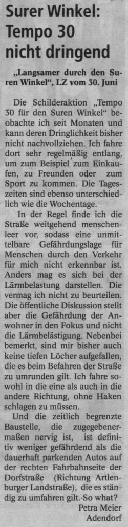 Surer Winkel: Tempo 30 nicht dringend