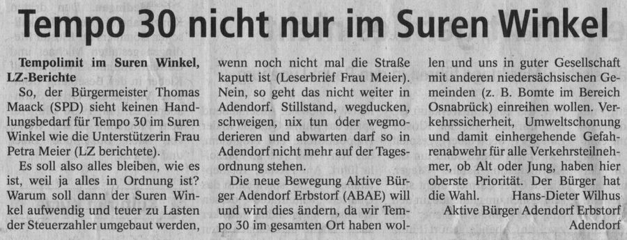 Tempo 30 nicht nur im Suren Winkel
