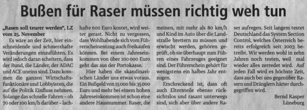 Bußen für Raser müssen richtig weh tun