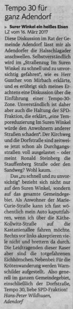 Tempo 30 für ganz Adendorf