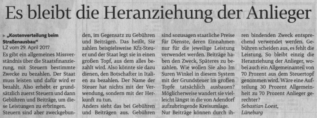 Es bleibt die Heranziehung der Anlieger