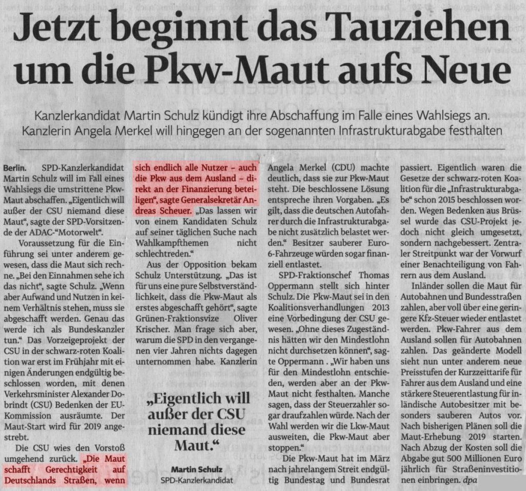Jetzt beginnt das Tauziehen um die Pkw-Maut aufs Neue
