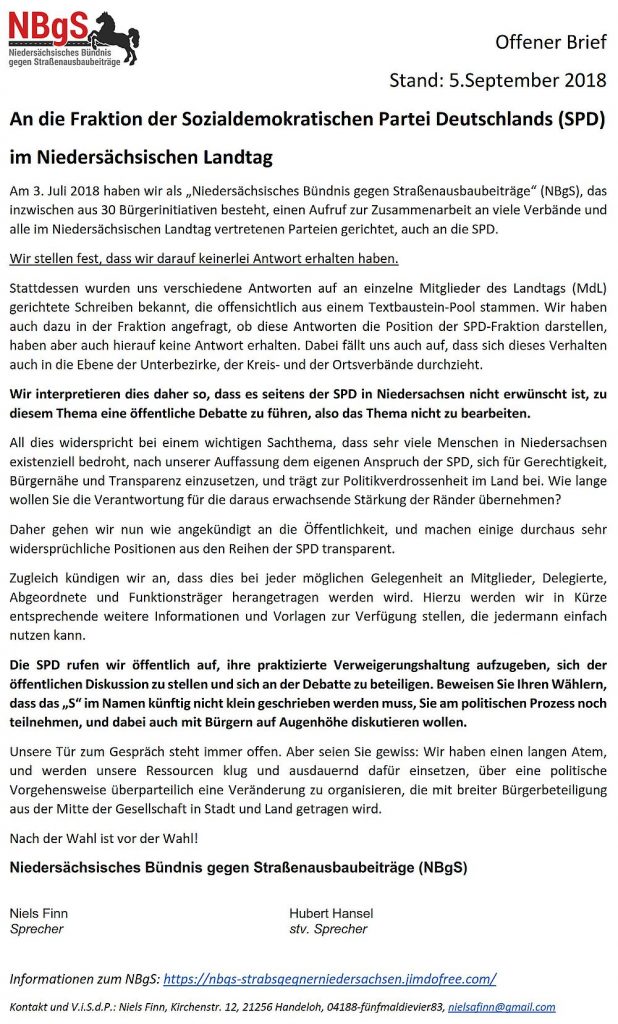 Offener Brief SPD vom 05.09.2018