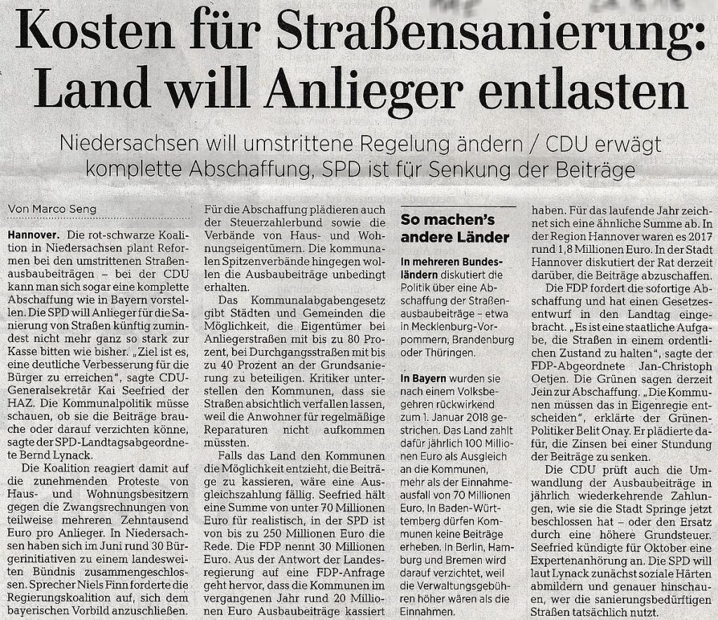 Kosten für Straßensanierung: Land will Anlieger entlasten