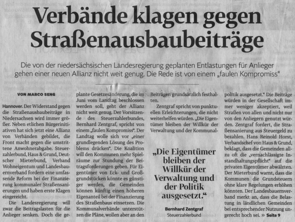 Verbände klagen gegen Straßenausbaubeiträge