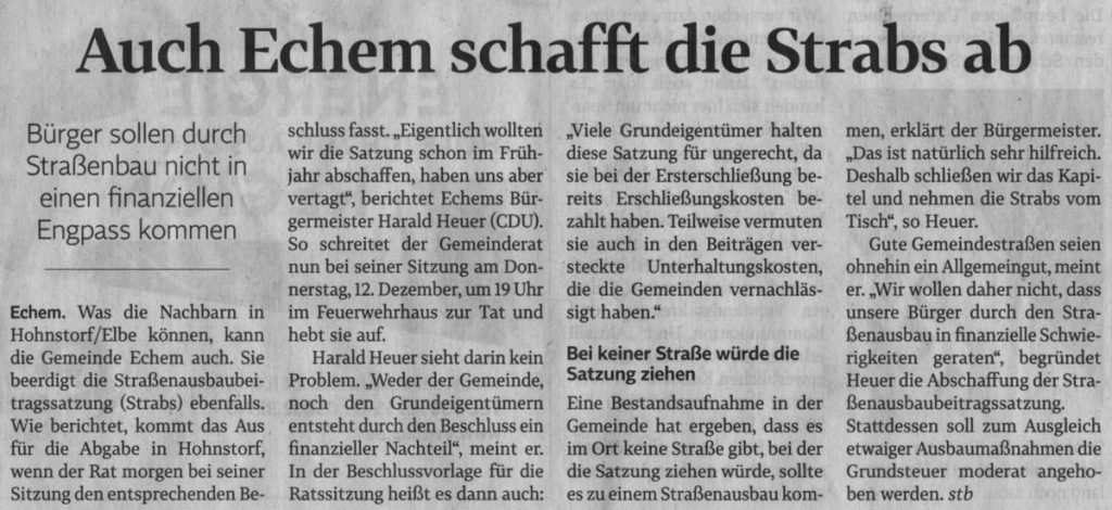 Auch Echem schafft die Strabs ab